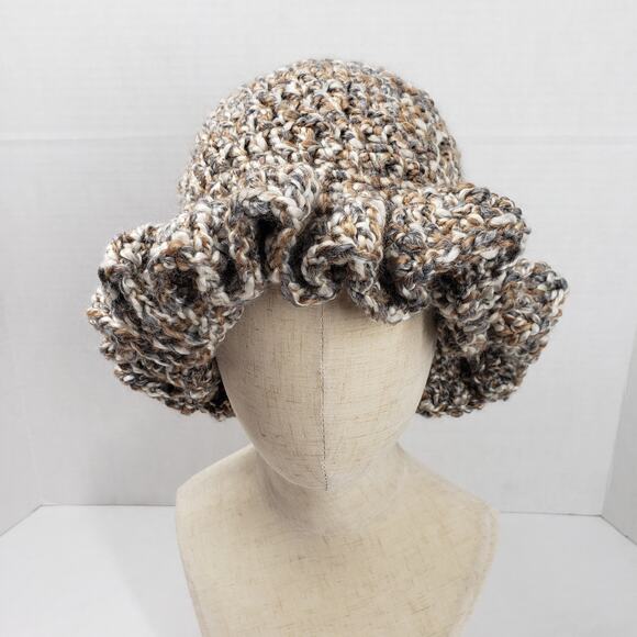 Handmade Crochet Brown Ruffle Bucket Hat Bohemian Casual Festival Neutral Fall - Picture 16 of 16
